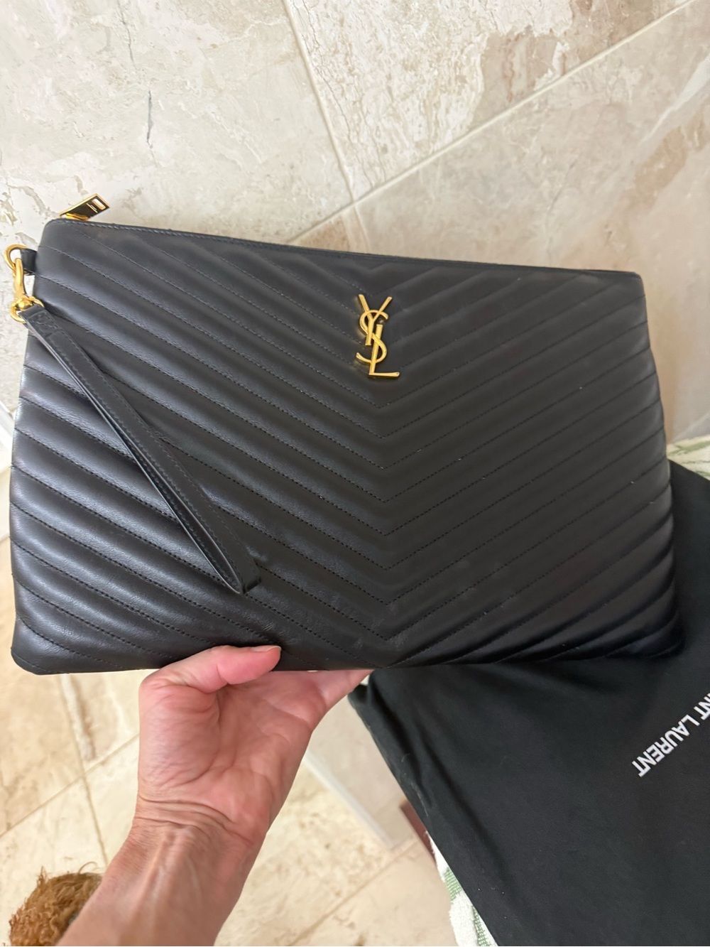 Saint Laurent Black Chevron Quilted Leather Wristlet with Gold YSL Logo